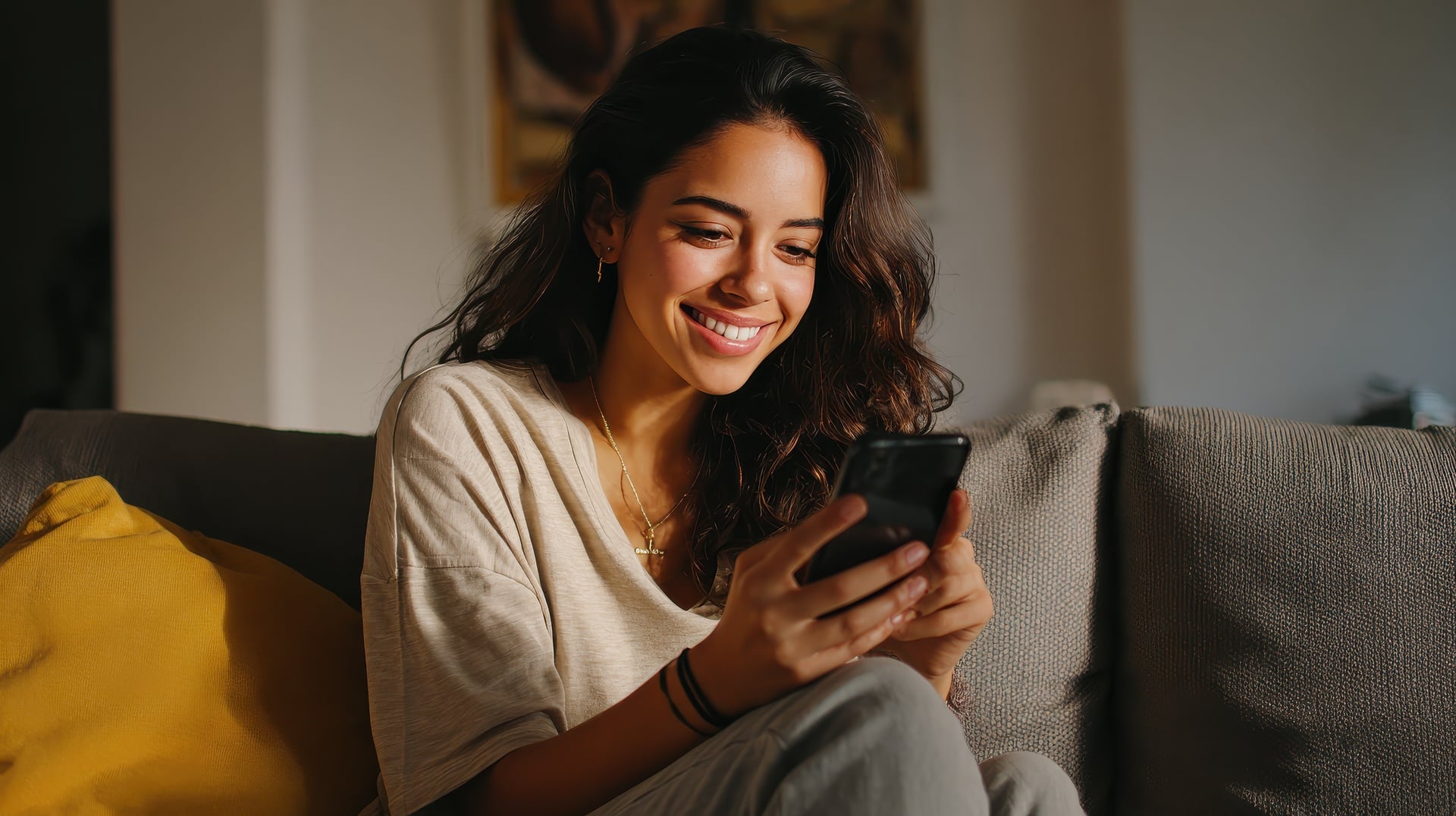 Portrait of young happy woman sending mobile messages on white b